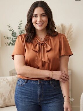 torrid Satin Tie-Neck Short Sleeve Blouse - Copper